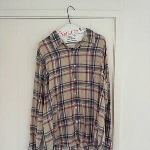 American Eagle Outfitters Beige and Blue Plaid Flannel Shirt